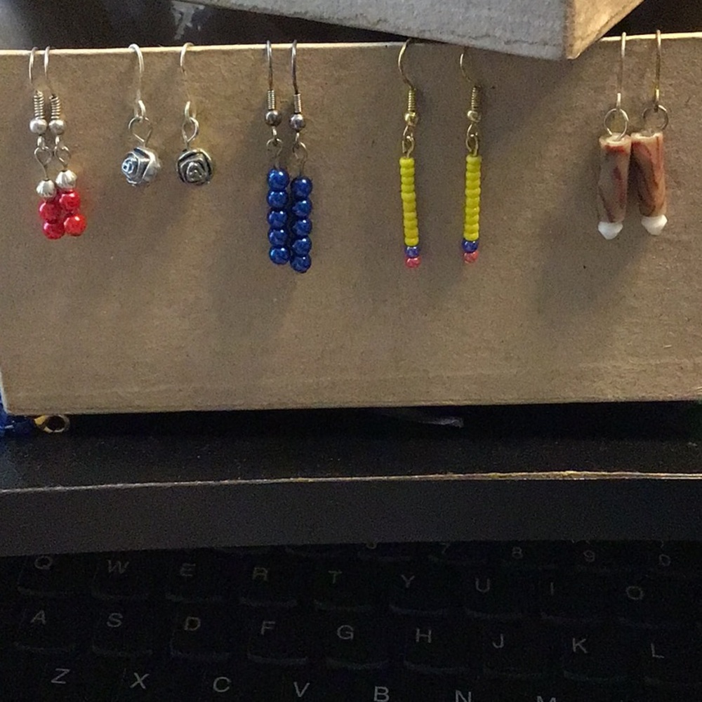 5 pairs of Fish hook ear wire earrings.  Handcrafted.  2 Gold metal & 3 silver